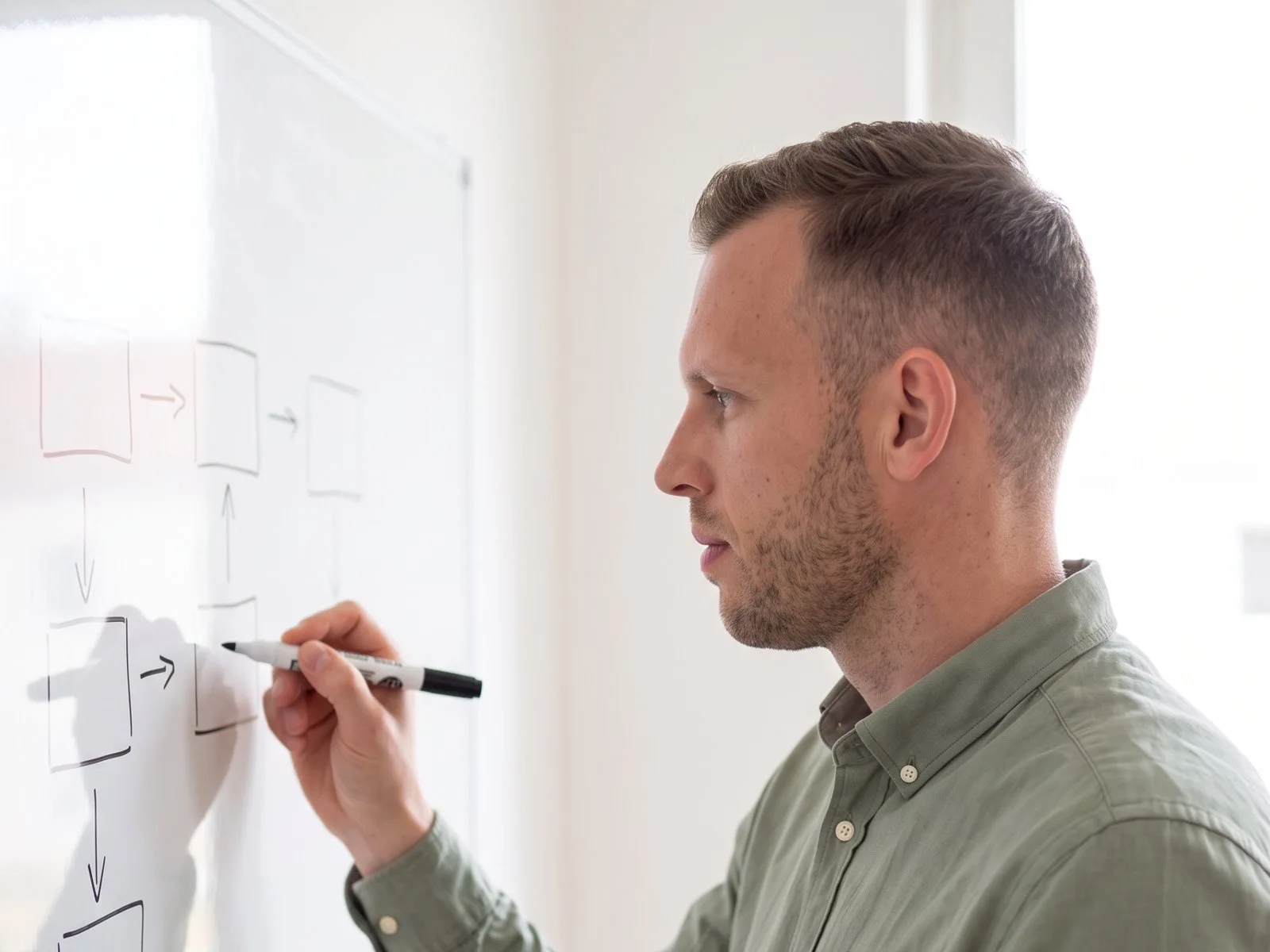 Tobias skizziert einen Ablauf am Whiteboard